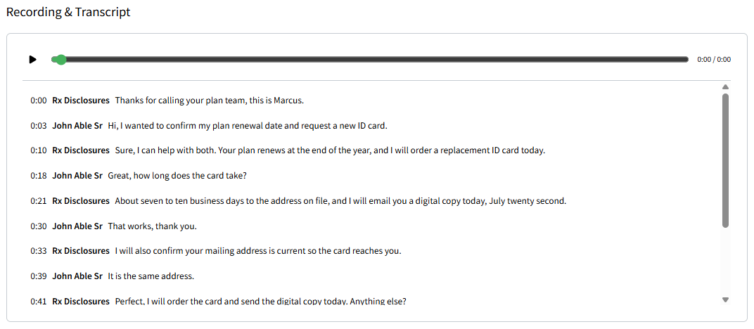 Screenshot showing the call transcript in call details for an Individual Record