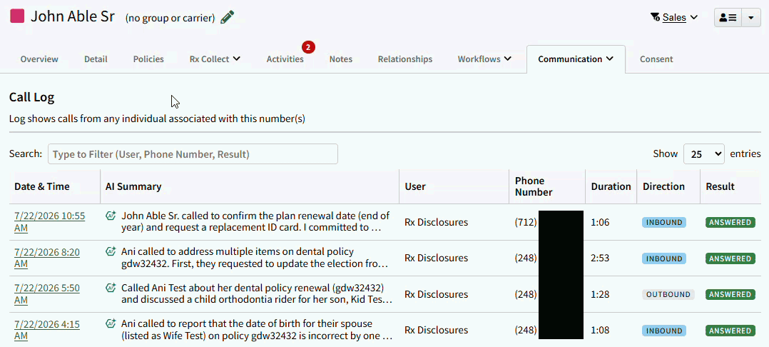 Animated image showing how to view call details from the Call Log on an Individual Record