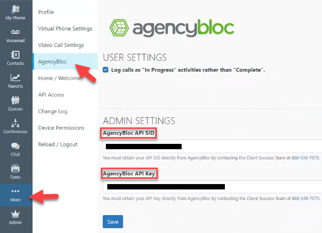Screenshot showing how to navigate to AgencyBloc settings in the Intulse app