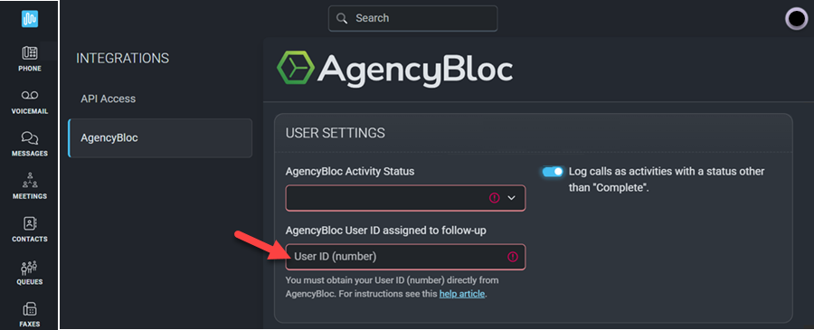 Screenshot showing the User ID field in Intulse