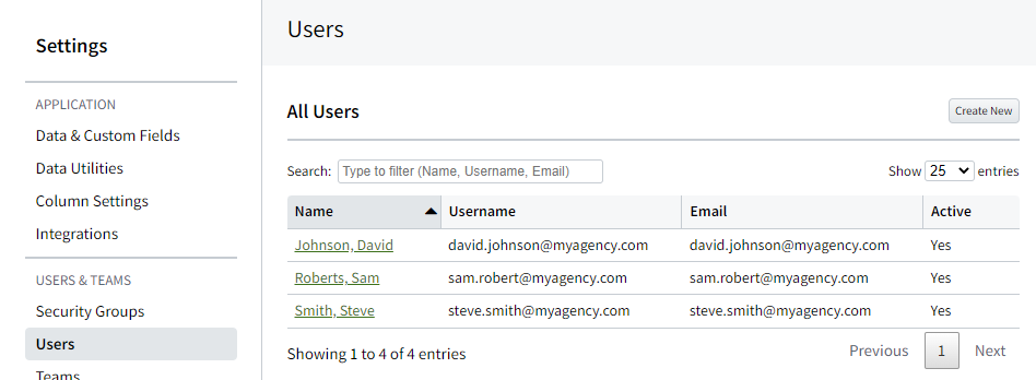 Screenshot showing a list of Users