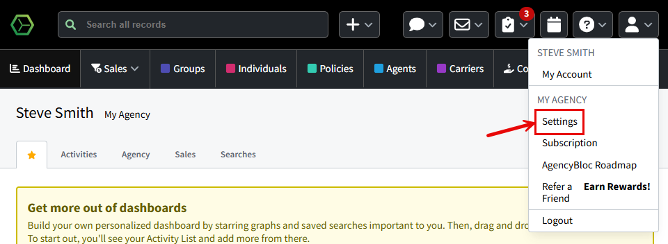 Screenshot showing how to navigate to settings