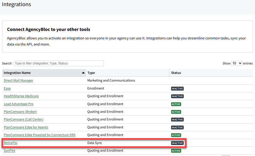 Screenshot highlighting the RetireFlo link in the integration list