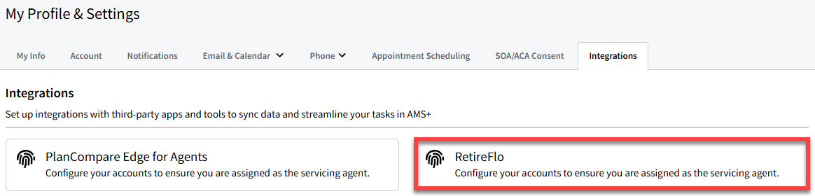 Screenshot highlighting the RetireFlo setting in My Account integration settings