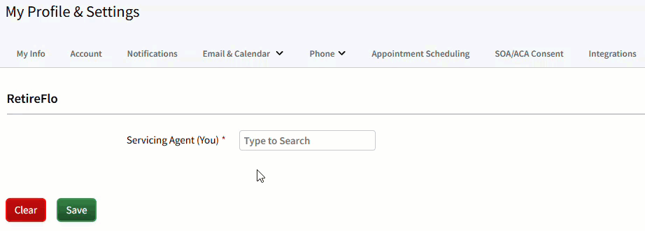 Animated image showing how to search for servicing agent in My Account settings for the RetireFlo integration