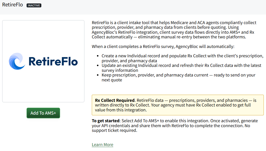 Screenshot highlighting the Add to AMS+ button on the RetireFlo integration page