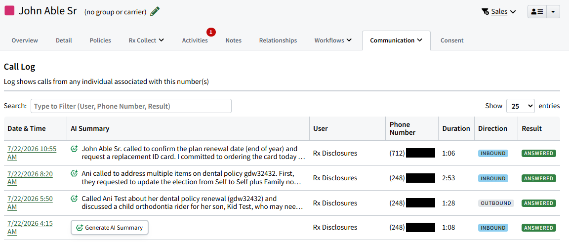 Screenshot showing the Call Log tab on an Individual Record
