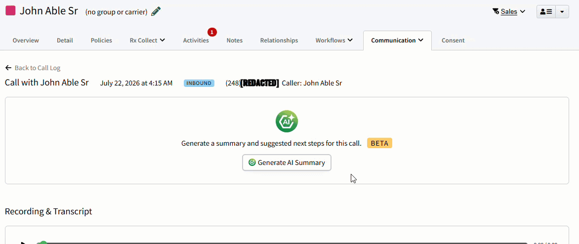 Animated image showing how to generate a call summary from a call recording on an Individual Record