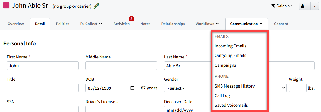 Screenshot highlighting the Communication tab dropdown options on an Individual Record