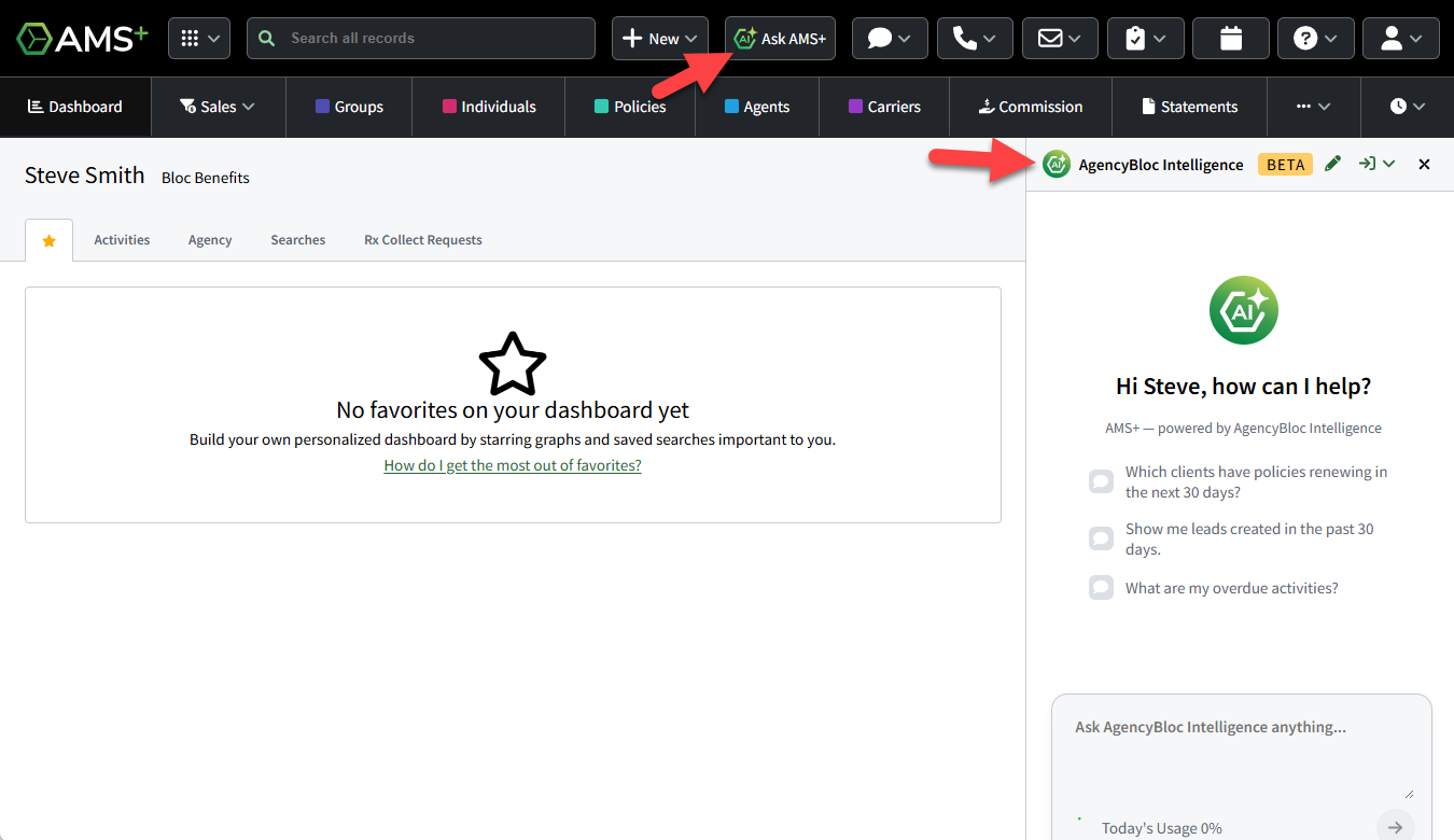 Screenshot showing how to find Ask AMS+