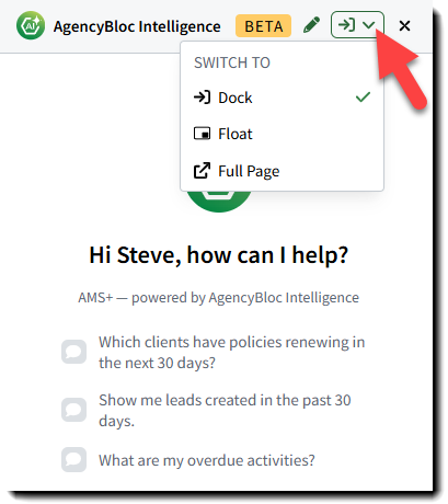 Screenshot showing how to change the Ask AMS+ panel's presentation