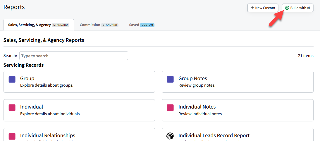 Screenshot highlighting the Build with AI button on the Reports page