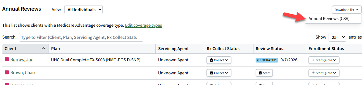 Screenshot showing how to download the list of annual reviews from the Dashboard