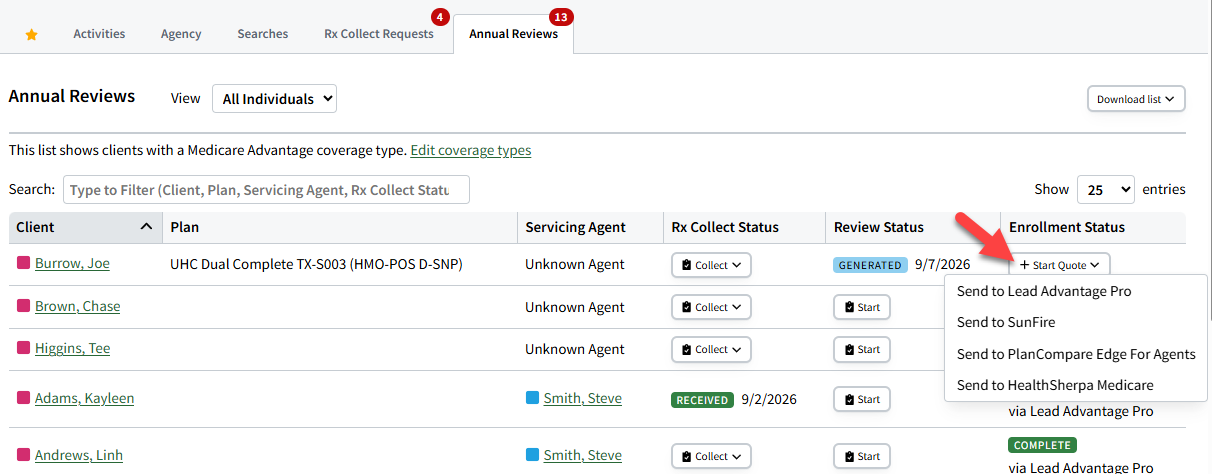 Screenshot highlighting the Start Quote button on the Annual Reviews tab on the Dashboard