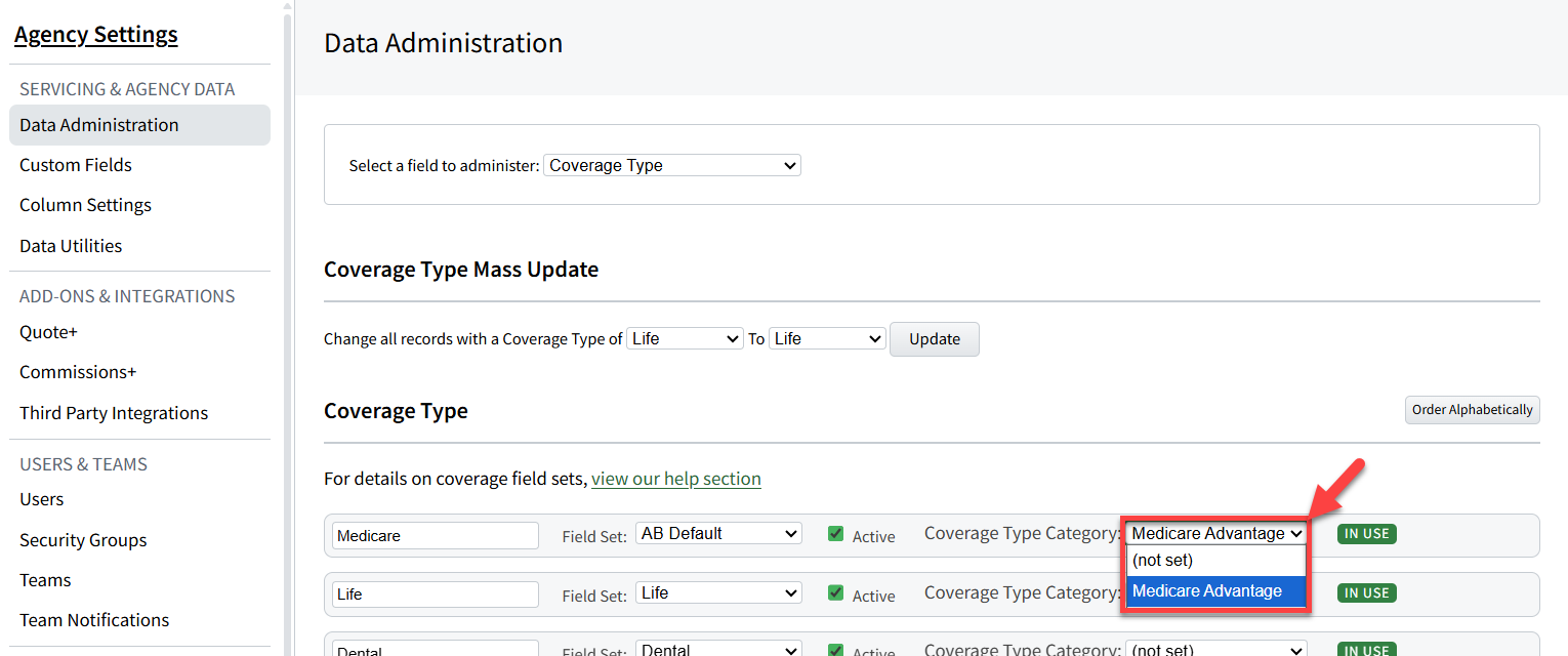 Screenshot highlighting the Medicare Advantage Coverage Type Category for Coverage Types in Data Administration