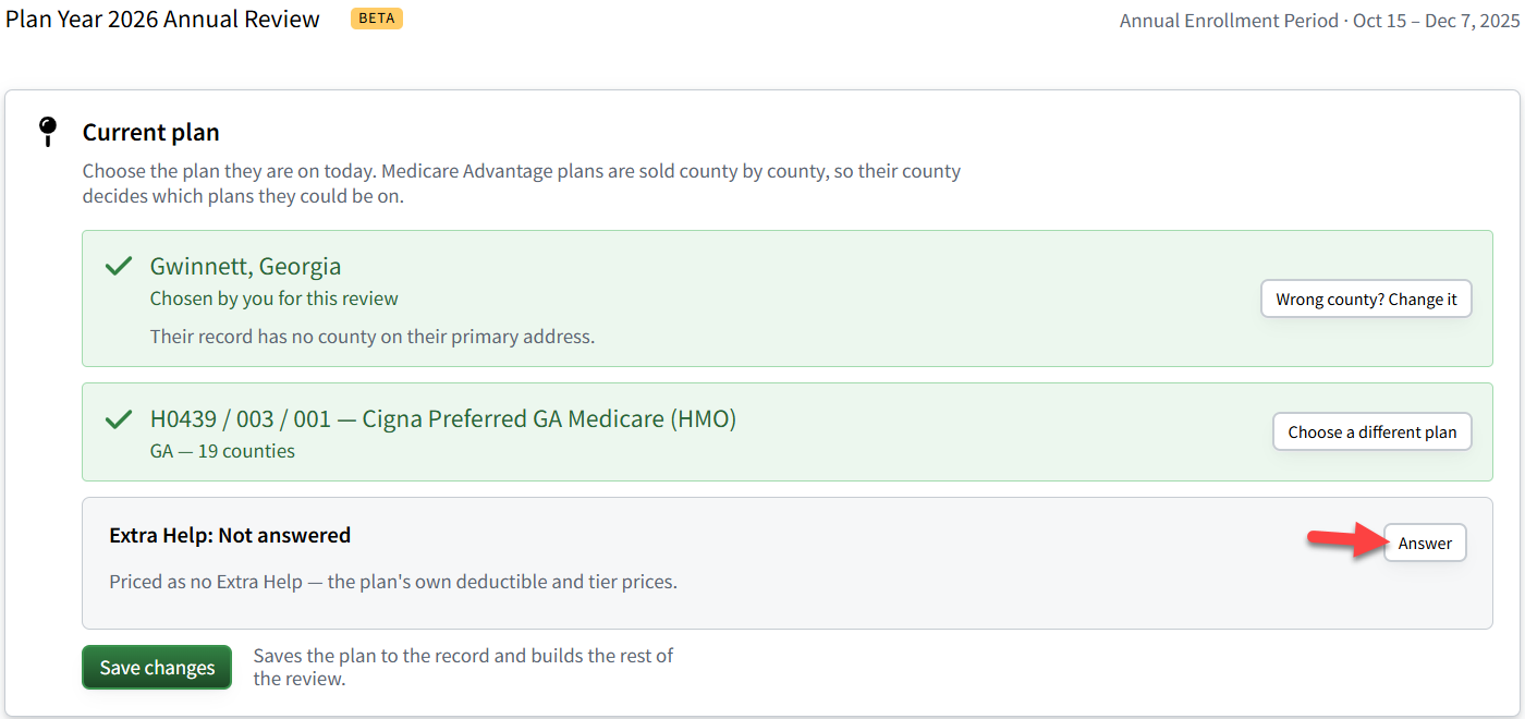 Screenshot highlighting the Answer button in the Current plan card