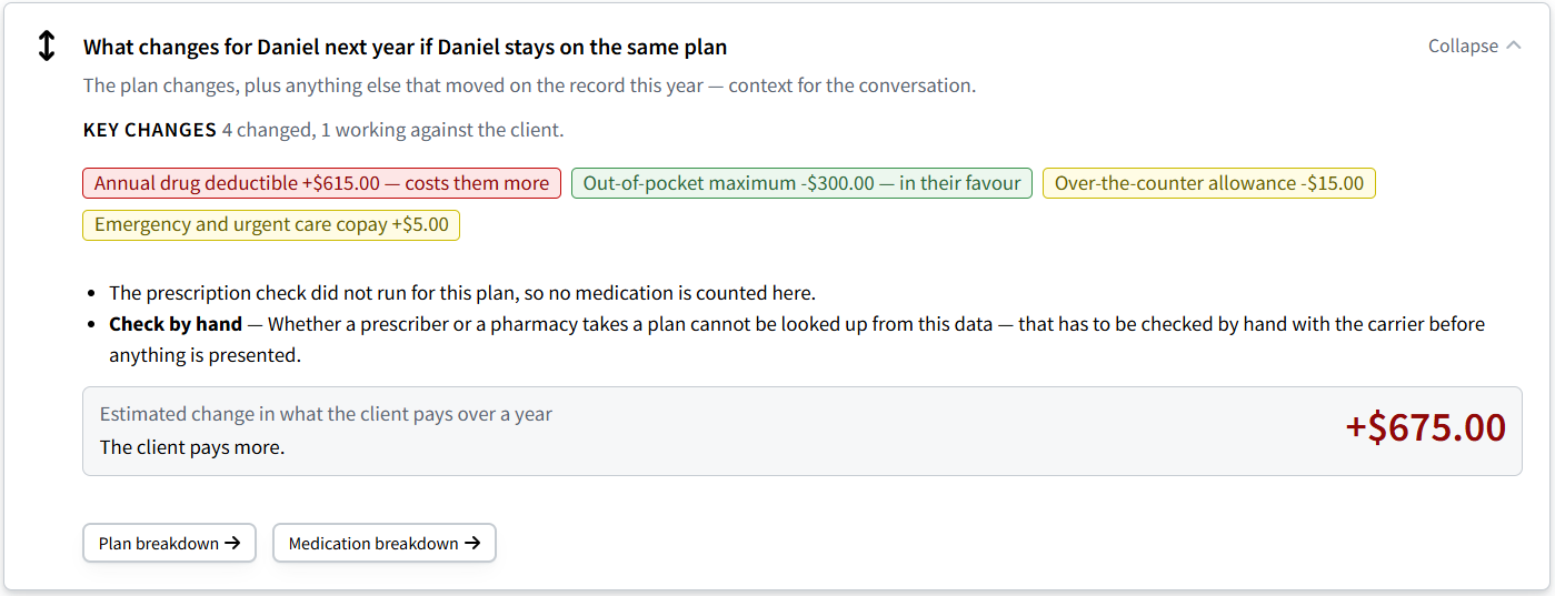 Screenshot showing the What changes next year card