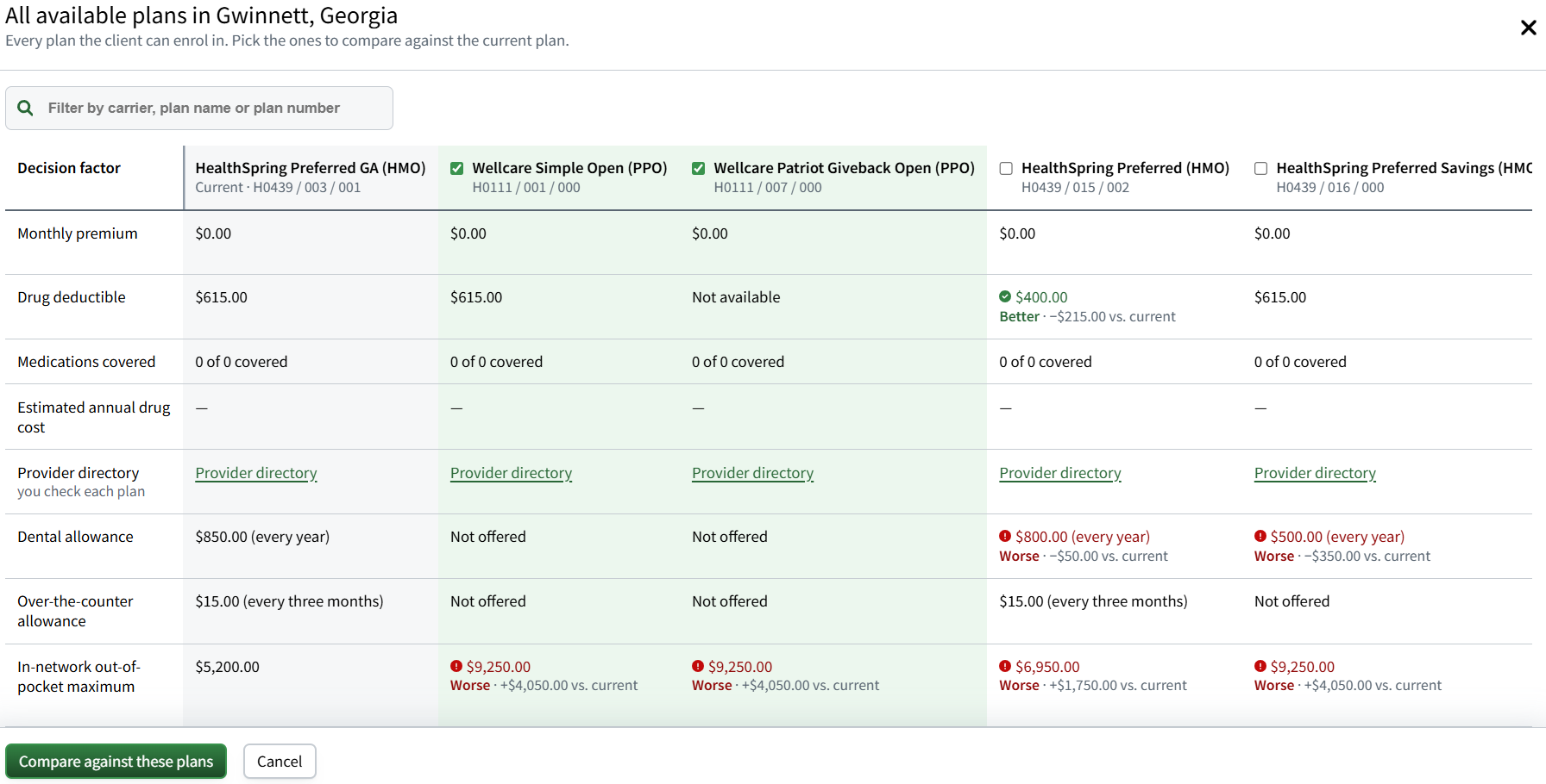 Screenshot showing the all available plans pop-up window