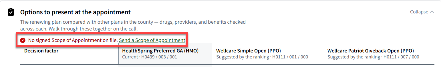 Screenshot highglighting the Scope of Appointment banner at the top of the Options to present at the appointment card