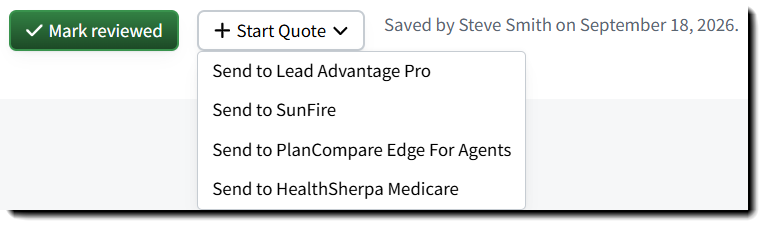 Screenshot showing the Start Quote button and quoting integration options