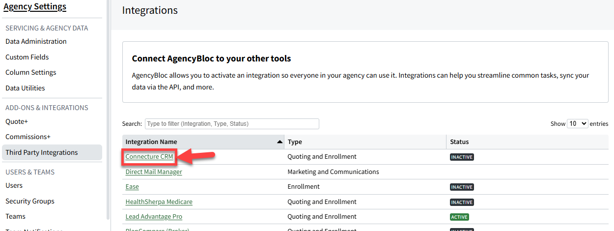 Screenshot highlighting Connecture CRM in the integrations list in My Agency Settings