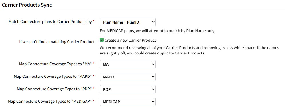 Screenshot showing the Carrier Products Sync settings for the Connecture CRM integration in AMS+