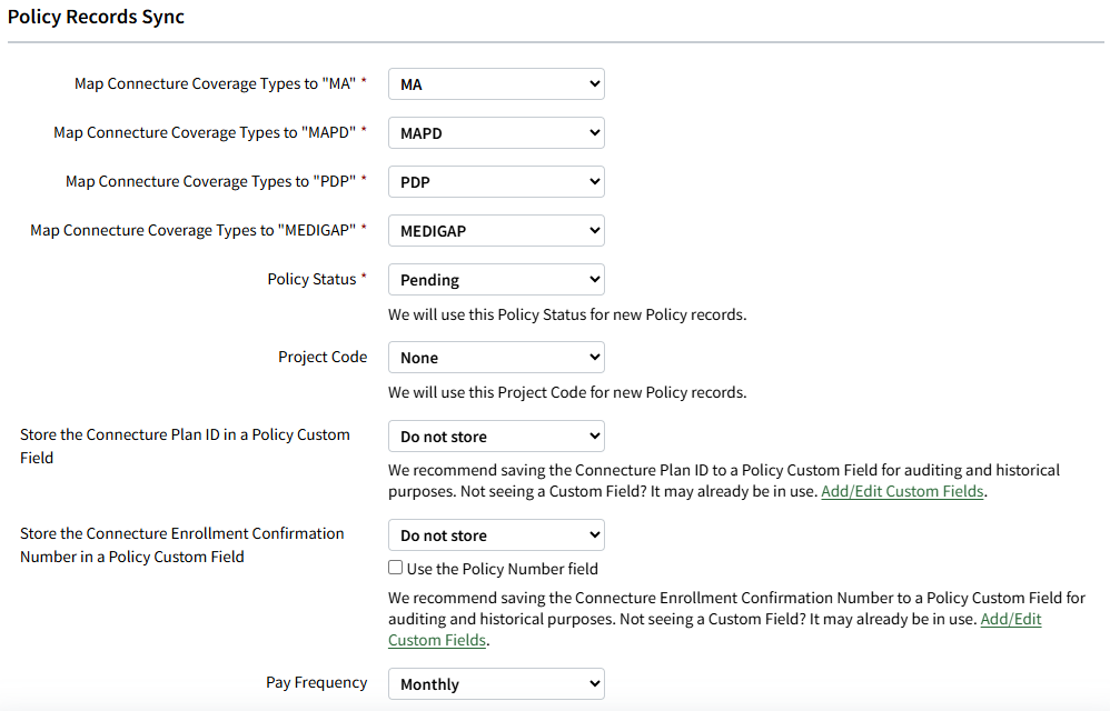 Screenshot showing the Policy Records Sync settings for the Connecture CRM integration in AMS+