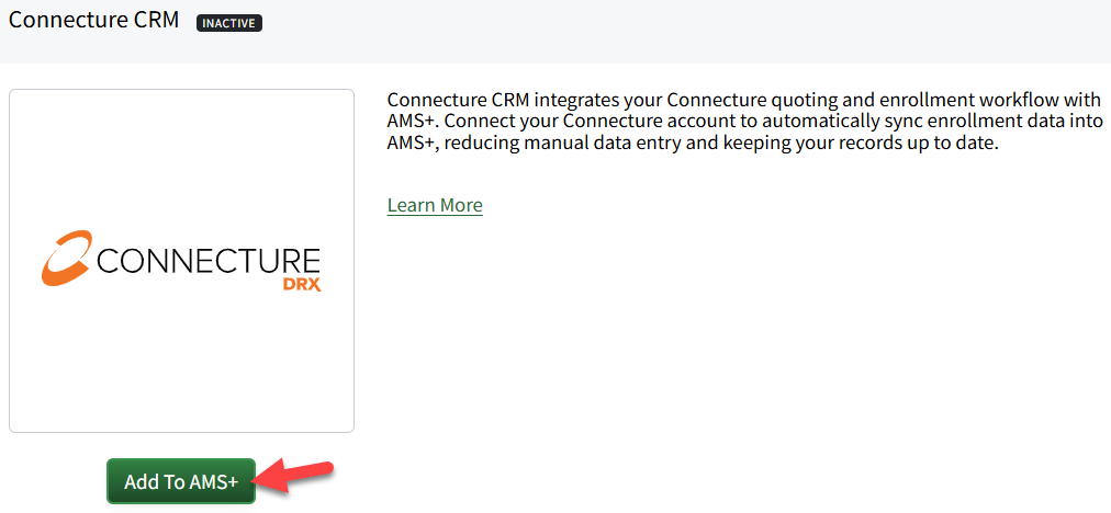 Screenshot showing the Add To AMS+ button on the Connecture CRM page in AMS+