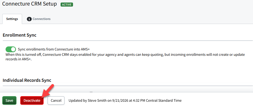 Screenshot showing how to deactivate the Connecture CRM integration in AMS+