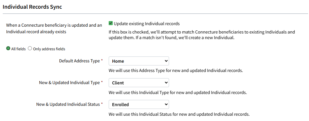 Screenshot showing the Individual Records Sync settings for the Connecture CRM integration in AMS+