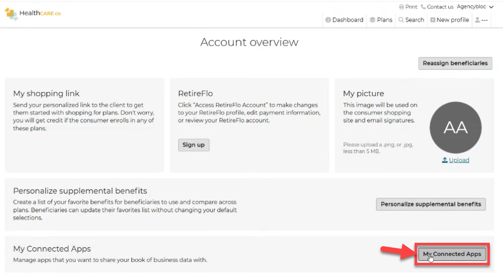 Screenshot showing how to access My Connected Apps in Connecture