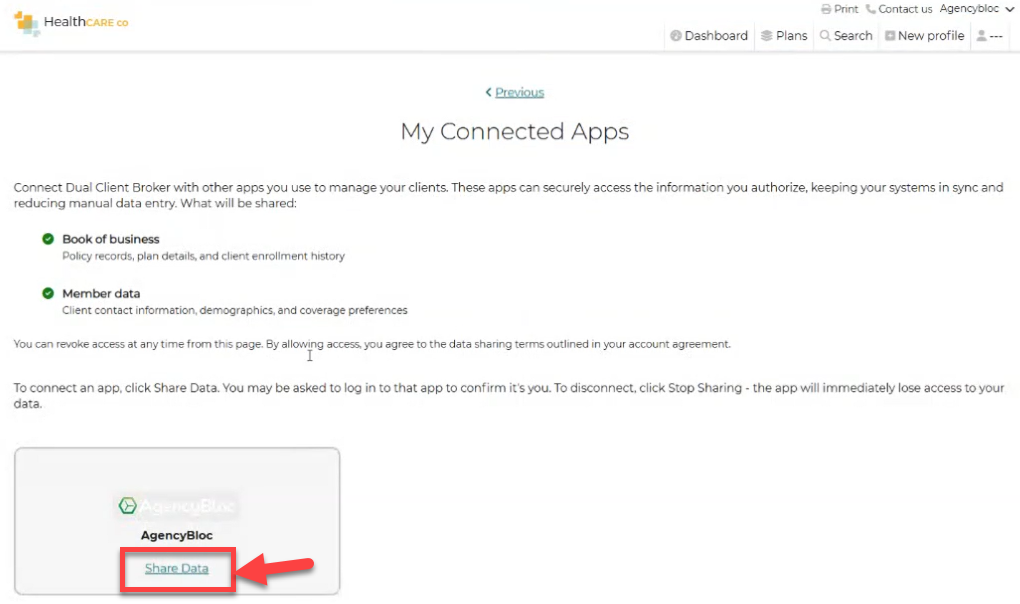 Screenshot showing how to turn on data sharing with AgencyBloc in Connecture