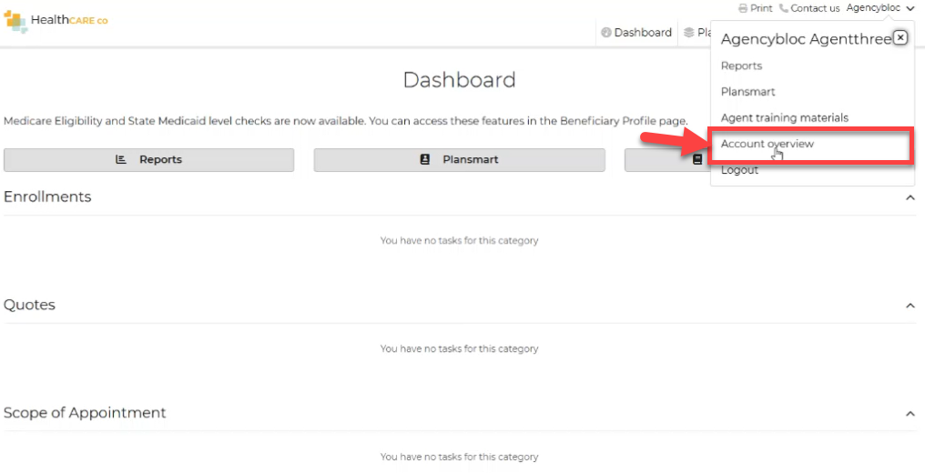 Screenshot showing how to access Account overview in Connecture