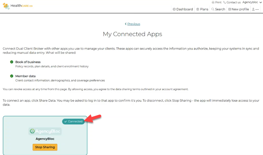 Screenshot showing the active AgencyBloc data sharing connection in Connecture