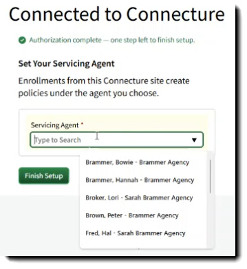 Screenshot showing how to set the Servicing Agent for Individual Records and Policy Records during integration setup