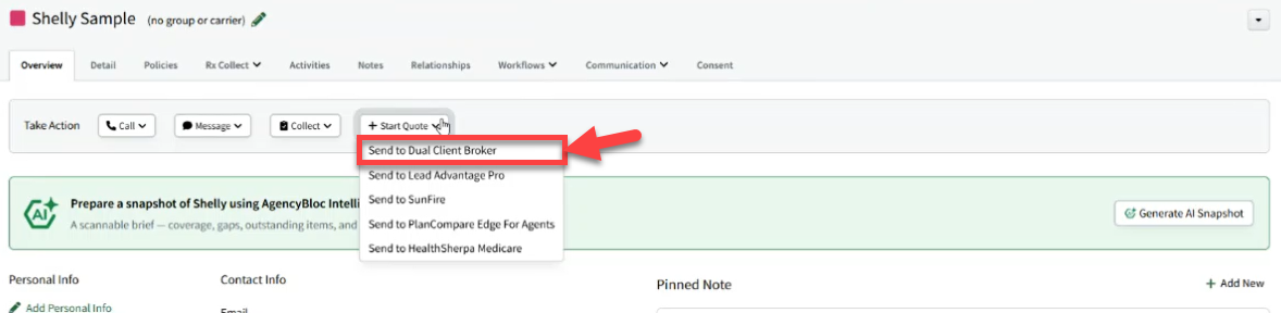 Screenshot showing how to start a quote with a connected Connecture site from the Individual Overview tab