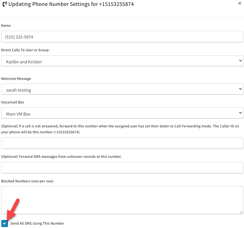 Phone number settings dialog with the Send All SMS Using This Number checkbox checked
