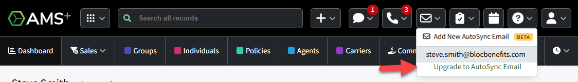 Screenshot showing how to upgrade an email account connected using the legacy email and calendar integration to AutoSync Email