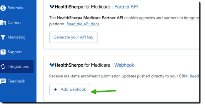 Screenshot showing how to add webhook url and key in HealthSherpa Medicare account