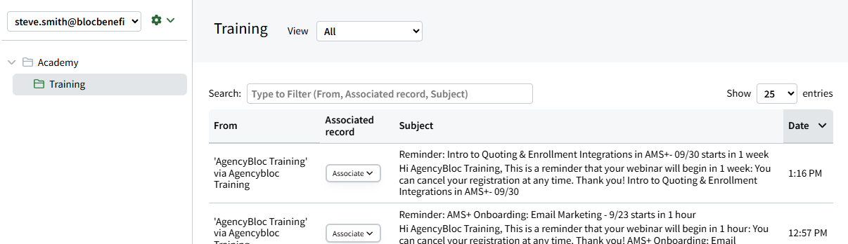 Screenshot showing the AutoSync Email Inbox page for a connected email account