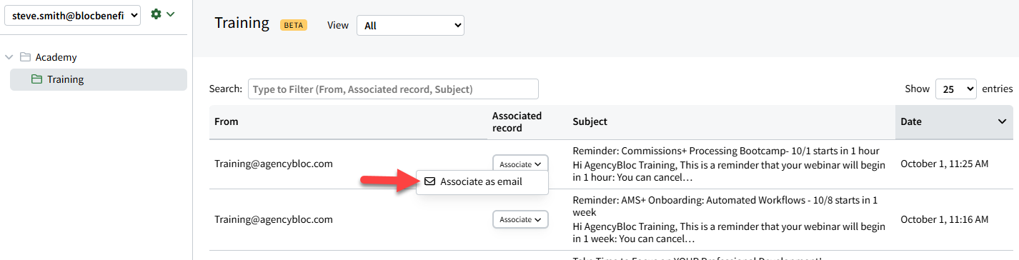 Screenshot showing how to manually associate an email from the AutoSync Email Inbox page