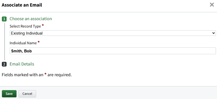 Screenshot showing the pop-window for choosing a record to associate an email with