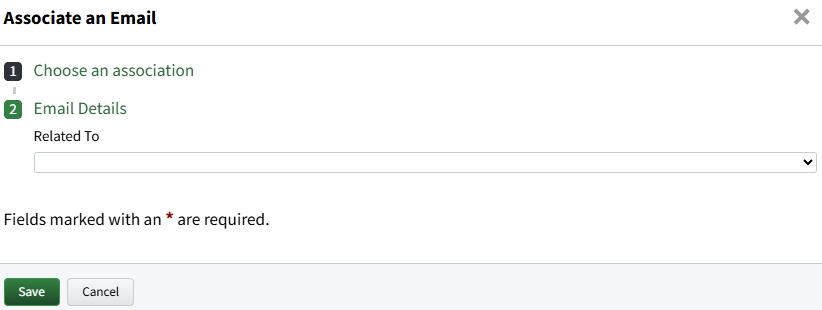 Screenshot showing the pop-up window for choosing a Policy Record to relate an email to when the associated record is an Individual or Group
