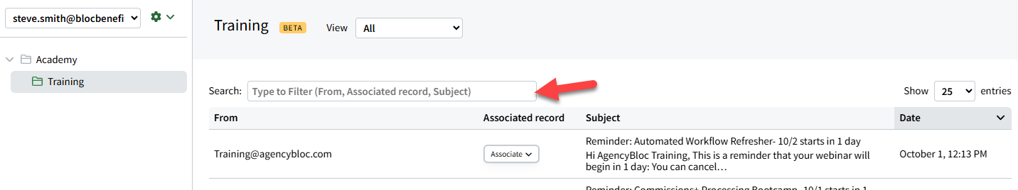 Screenshot highlighting the search filter on the AutoSync Email Inbox page