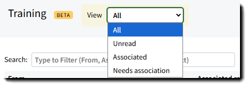 Screenshot highlighting the email association filters on the AutoSync Email Inbox page