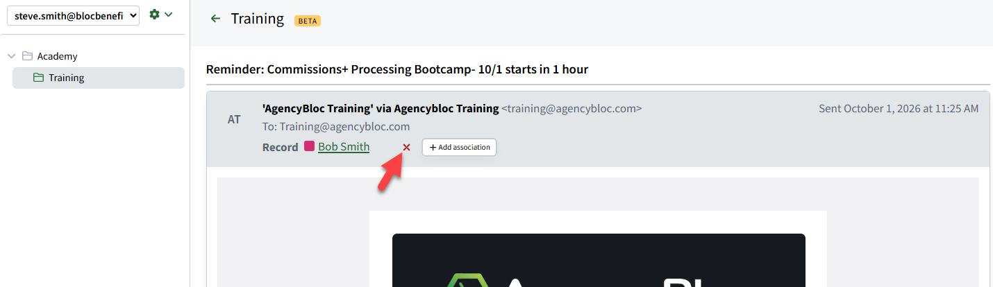 Screenshot showing how to remove an associated record from an email from the email's message body