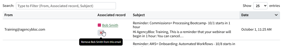 Screenshot showing how to remove an associated record from an email on the AutoSync Email Inbox page