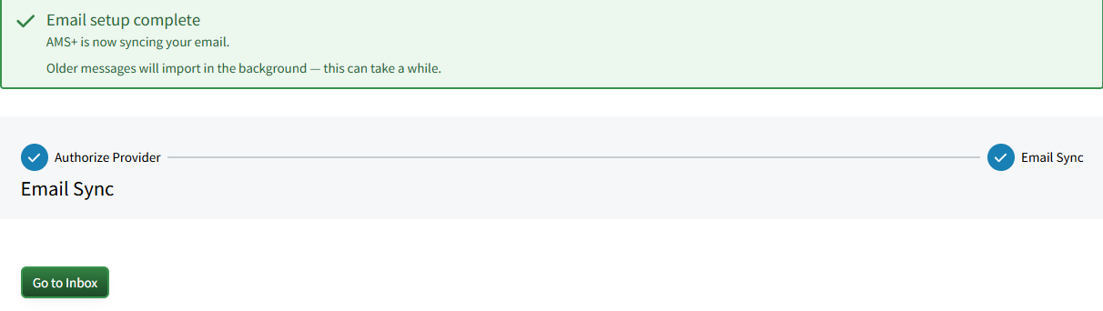 Screenshot showing the success message when an email account is successfully connected to AutoSync Email