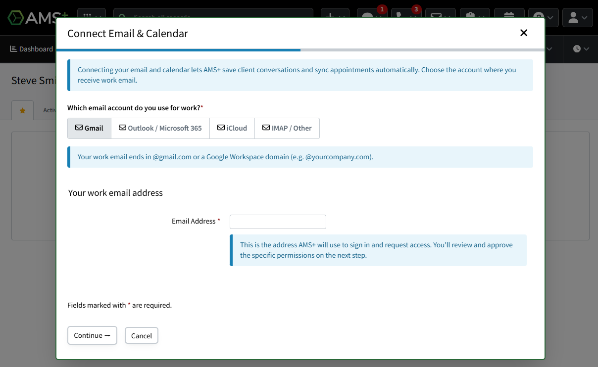 Screenshot showing the Connect Email & Calendar pop-up window for adding your email account to AutoSync Email