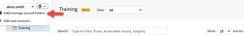 Screenshot showing how to access AutoSync Email settings for a connected email account from the AutoSync Email Inbox page